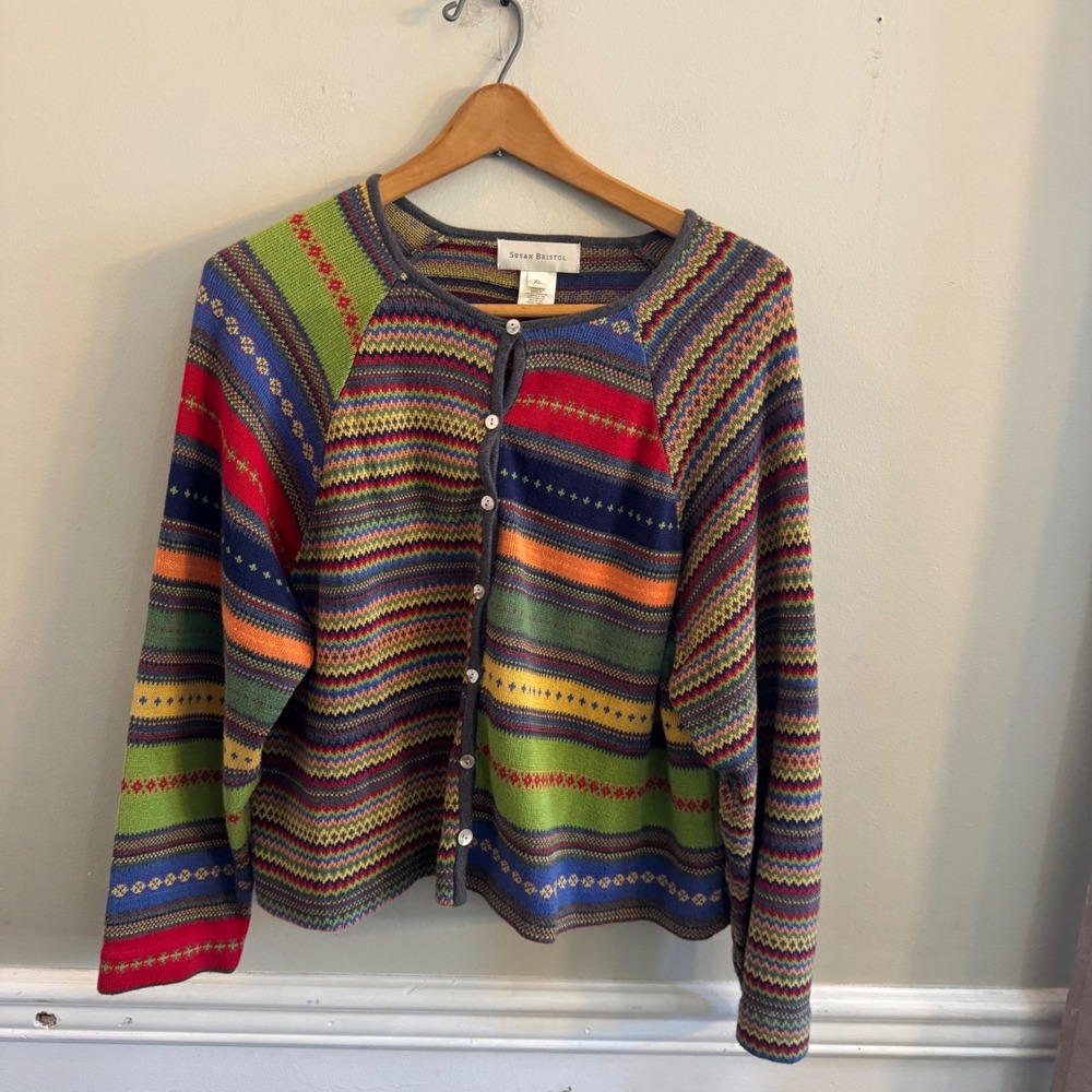 Susan Bristol Fair Isle Cardigan Sweater XL Multi-Color Knit Made in UK Vintage